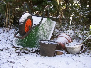 Deko-Ideen24 Blog: Gartenpflege im Winter Schubkarre und Pflanzenkübel