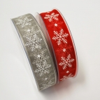 X!Weihnachtsband Schneeflocke rot und grau 25mm20m